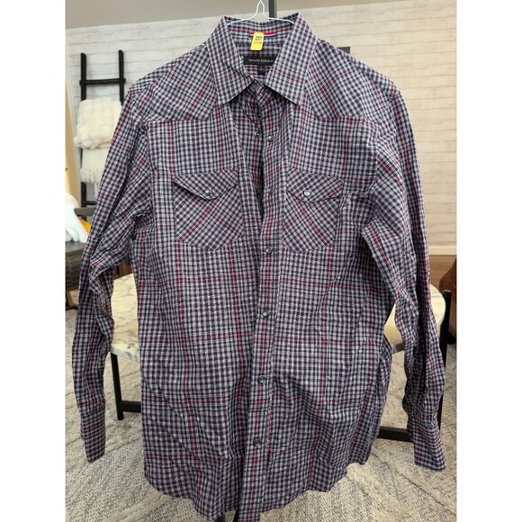 Banana Republic Western Pearl Snap Black Red Checkered Shirt Mens Size L - Picture 1 of 7